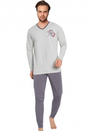 Pijama bumbac barbat, cu maneci si pantaloni lungi, imprimeu mrn, gri [4]