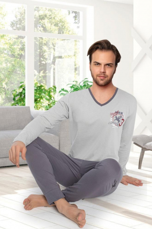 Pijama bumbac barbat, cu maneci si pantaloni lungi, imprimeu mrn, gri [1]