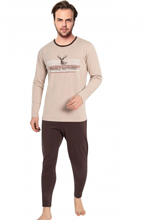 Pijama bumbac barbat, cu maneci si pantaloni lungi, imprimeu change no thing, maro, embody.ro [4]