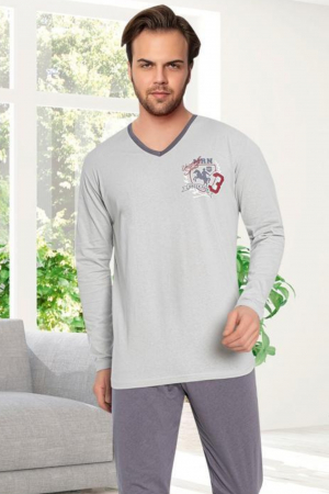 Pijama bumbac barbat, cu maneci si pantaloni lungi, imprimeu mrn, gri [2]