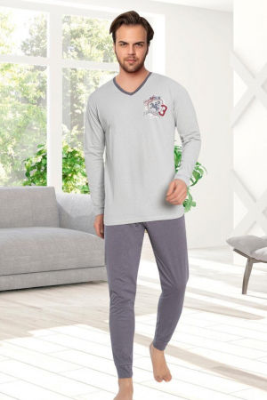 Pijamale - Pijama bumbac barbat, cu maneci si pantaloni lungi, imprimeu mrn, gri