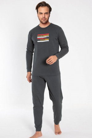 Pijama bumbac barbat, cu maneci si pantaloni lungi, imprimeu manhattan, gri inchis, embody.ro [0]