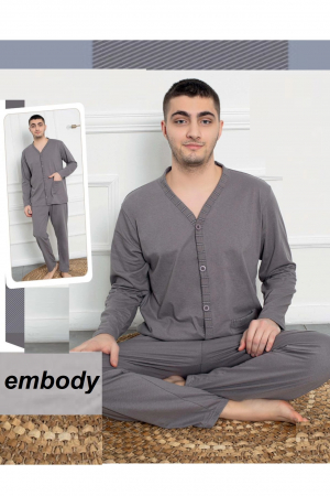 Pijama bumbac barbat, cu maneci si pantaloni lungi, inchidere nasturi, gri, embody.ro [2]