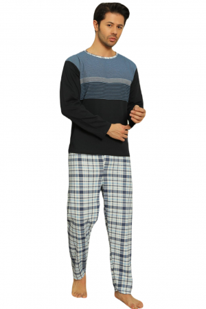 Pijama bumbac barbat, cu maneci si pantaloni lungi, imprimeu carouri bluemarin [3]