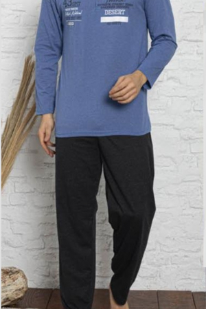 Pijama bumbac barbat, cu maneci si pantaloni lungi, albastru/negru [1]