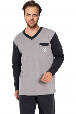 Pijama bumbac barbat marime mare-batal, cu maneci si pantaloni lungi, negru [2]