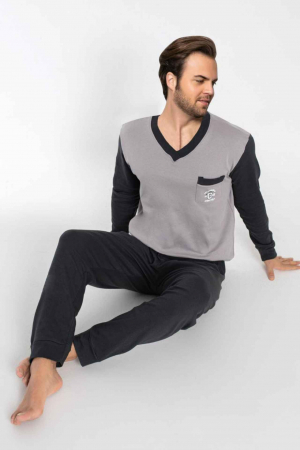 Pijama bumbac barbat marime mare-batal, cu maneci si pantaloni lungi, negru [1]