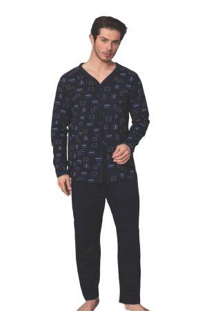 Pijama bumbac barbat cu nasturi, cu maneci si pantaloni lungi, negru 3006, embody [2]