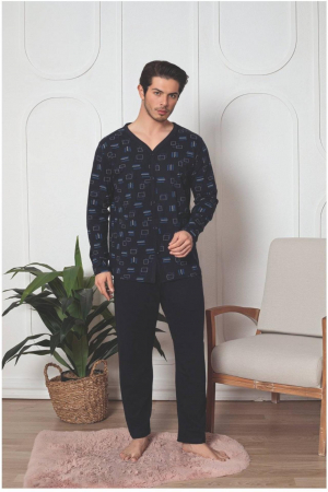 Pijamale - Pijama bumbac barbat cu nasturi, cu maneci si pantaloni lungi, negru 3006, embody