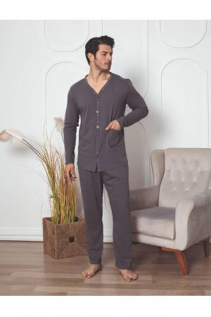 Pijamale - Pijama bumbac barbat cu nasturi, cu maneci si pantaloni lungi, gri , embody