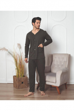 Pijamale - Pijama bumbac barbat cu nasturi, cu maneci si pantaloni lungi, negru 3006, embody