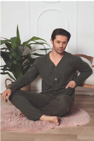 Pijama bumbac barbat cu nasturi, marime mare, cu maneci si pantaloni lungi, negru, embody [1]