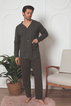 Pijamale - Pijama bumbac barbat cu nasturi, marime mare, cu maneci si pantaloni lungi, negru, embody