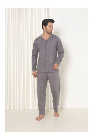 Pijamale barbati bumbac - Pijama bumbac barbat cu nasturi si buzunar, marime mare, cu maneci si pantaloni lungi, gri 3012