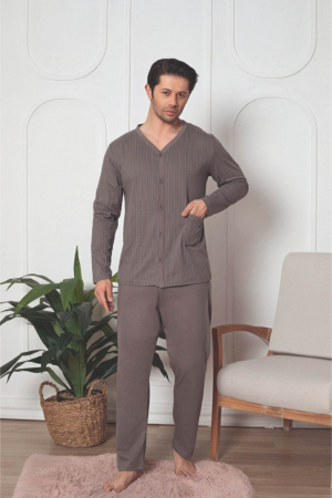 Pijamale - Pijama bumbac barbat cu nasturi, marime mare, cu maneci si pantaloni lungi, negru, embody