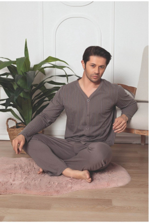 Pijama bumbac barbat cu nasturi, marime mare, cu maneci si pantaloni lungi, negru, embody [1]