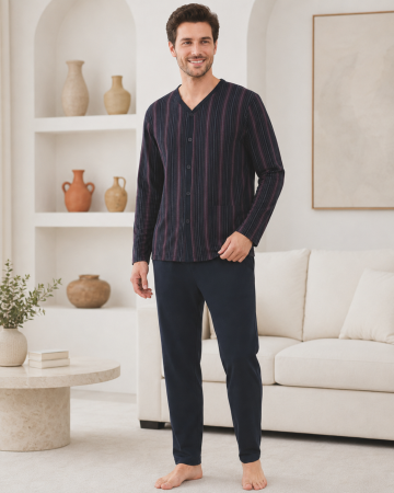 Pijamale - Pijama Barbati Bleumarin cu Nasturi si Pantaloni Lungi