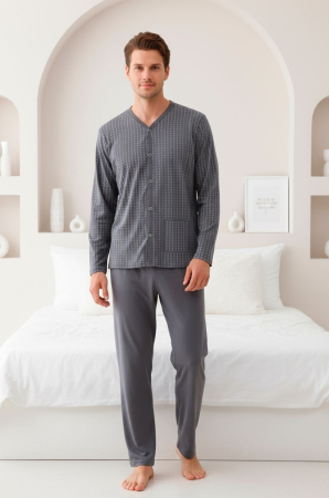 Pijamale barbati bumbac - Pijama bumbac barbat cu nasturi si buzunare, marime mare, maneci si pantaloni lungi 3001