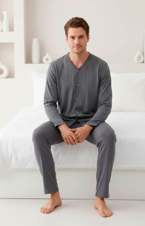 Pijama bumbac barbat cu nasturi si buzunare, marime mare, maneci si pantaloni lungi 3001 [1]