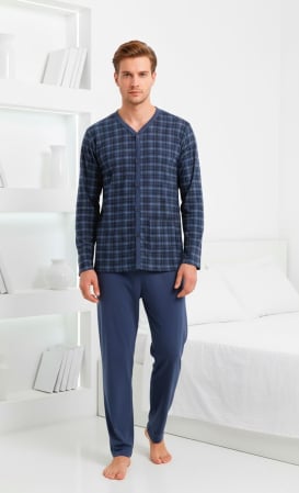 Pijamale barbati bumbac - Pijama bumbac barbat cu nasturi si buzunare, marime mare, maneci si pantaloni lungi 3002