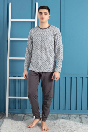Pijamale - Pijama bumbac barbat, maneci si pantaloni lungi, imprimeu modern, kaki/bleumarin 508 embody
