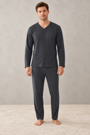 Pijamale - Pijama Barbati din Bumbac Gri Antracit cu Nasturi si Pantaloni Lungi 3004