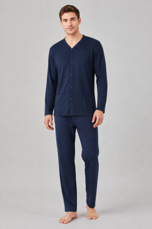 Pijamale - Pijama Barbati Bleumarin cu Nasturi si Pantaloni Lungi