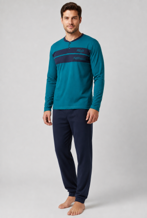 Pijamale barbati bumbac - Pijama Barbati din Bumbac cu Bluza Turcoaz si Pantaloni Bleumarin, Maneca Lunga