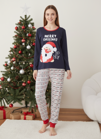 Pijamale dama bumbac - Pijama bumbac Dama de Craciun, Set cu Bluza si Pantaloni lungi, bleumarin 01011