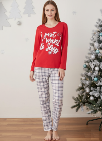 Pijamale dama bumbac - Pijama bumbac Dama de Craciun, Set cu Bluza si Pantaloni lungi, rosu 01018