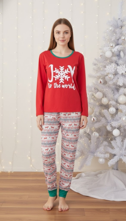Pijamale dama bumbac - Pijama bumbac Dama de Craciun, Set cu Bluza si Pantaloni lungi, rosu 01012