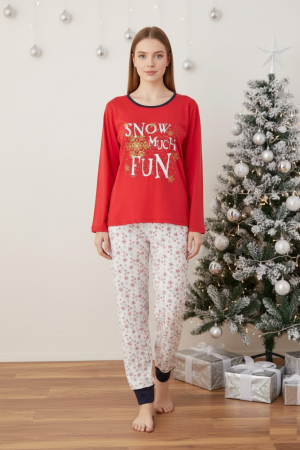 Pijamale dama bumbac - Pijama bumbac Dama de Craciun, Set cu Bluza si Pantaloni lungi, rosu 01005