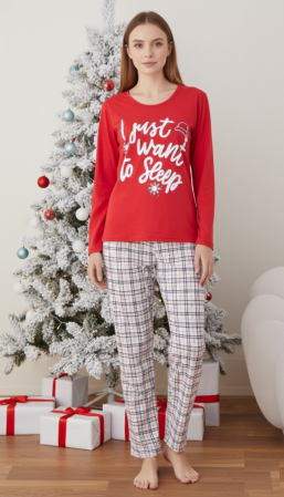 Pijamale dama bumbac - Pijama bumbac Dama de Craciun, Set cu Bluza si Pantaloni lungi, rosu 01018-2