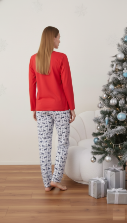 Pijama bumbac Dama de Craciun, Set cu Bluza si Pantaloni lungi, rosu 01019 [1]