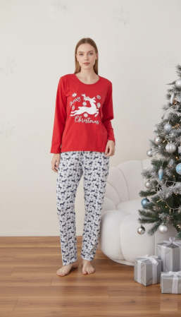 Pijamale dama bumbac - Pijama bumbac Dama de Craciun, Set cu Bluza si Pantaloni lungi, rosu 01019