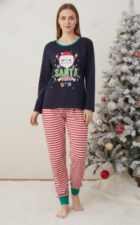 Pijamale dama bumbac - Pijama bumbac Dama de Craciun, Set cu Bluza si Pantaloni lungi, rosu 01001