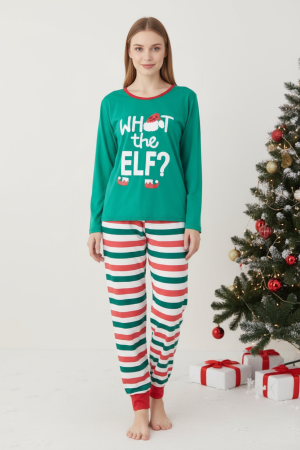 Pijamale dama bumbac - Pijama bumbac Dama de Craciun, Set cu Bluza si Pantaloni lungi, verde 01003