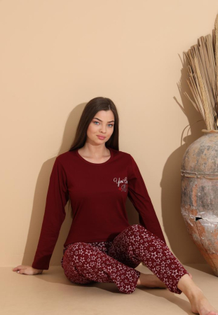 Pijama bumbac de Dama Confortabila, Set cu Bluza si Pantaloni lungi visiniu 1003 [3]