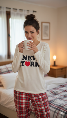 Pijama bumbac de Dama Confortabila, Set cu Bluza si Pantaloni lungi, alb 15909 [1]