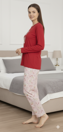 Pijama bumbac de Dama Confortabila, Set cu Bluza si Pantaloni lungi, rosu 3735 [2]