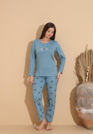 Pijama bumbac de Dama Confortabila, Set cu Bluza si Pantaloni lungi albastru 1001 [3]