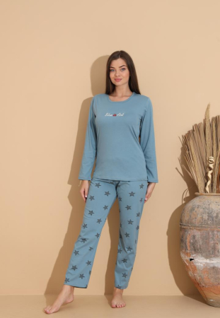 Pijama bumbac de Dama Confortabila, Set cu Bluza si Pantaloni lungi albastru 1001 [2]