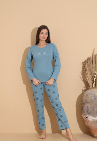 Pijama bumbac de Dama Confortabila, Set cu Bluza si Pantaloni lungi albastru 1001 [5]