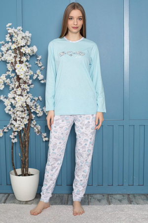 Pijamale dama bumbac - Pijama bumbac de Dama Confortabila, Set cu Bluza si Pantaloni lungi, albastru 806