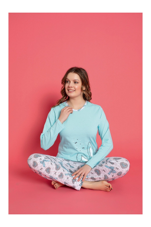 Pijama bumbac de Dama Confortabila, Set cu Bluza si Pantaloni lungi, albastru 817 [1]