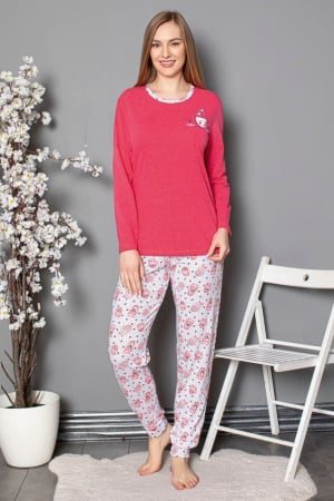 Pijamale dama bumbac - Pijama bumbac de Dama Confortabila, Set cu Bluza si Pantaloni lungi, roz 812