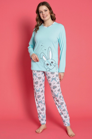 Pijamale dama bumbac - Pijama bumbac de Dama Confortabila, Set cu Bluza si Pantaloni lungi, albastru 817