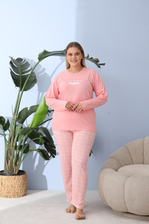 Pijamale dama marimi mari - Pijama bumbac de Dama Confortabila, Set cu Bluza si Pantaloni lungi, batal, corai 60164