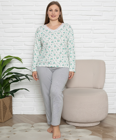 Pijamale dama marimi mari - Pijama bumbac de Dama Confortabila, Set cu Bluza si Pantaloni lungi, batal, gri/verde 161194