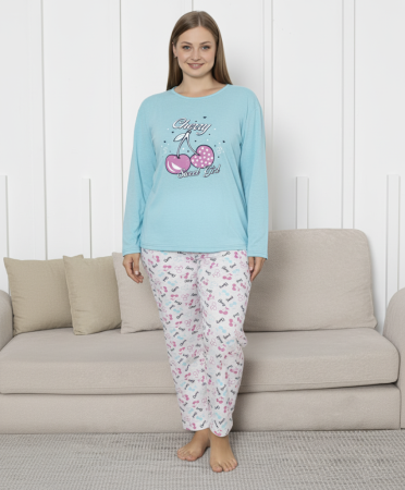 Pijamale dama marimi mari - Pijama bumbac de Dama Confortabila, Set cu Bluza si Pantaloni lungi, marimi mari bleu 16255